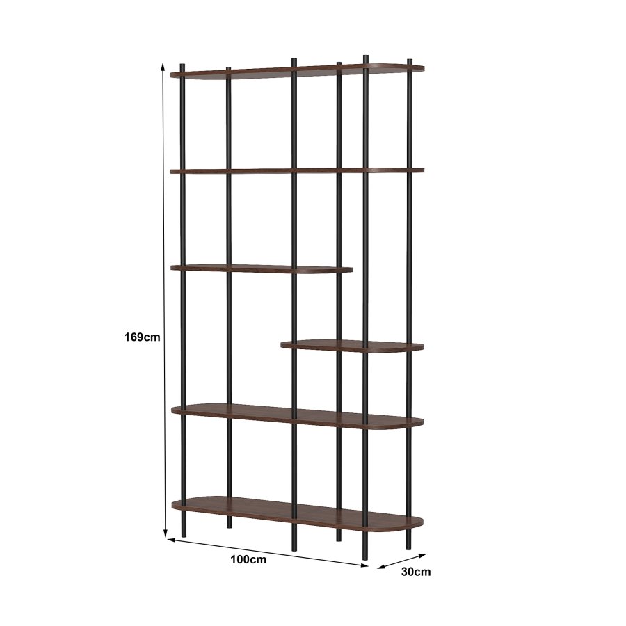 NORDLYS Goteborg bogreol, m. 5 hylder - brun tr og sort metal