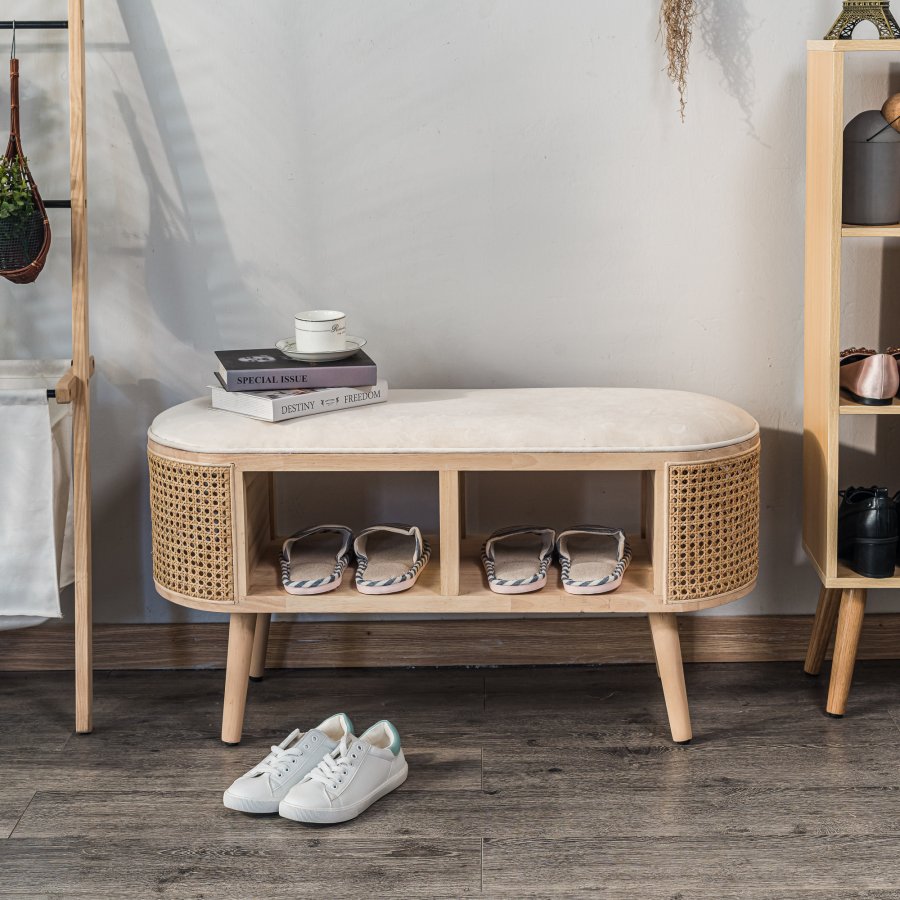 NORDLYS Isumi bnk, m. hylde - natur rattan og tr (90x35)