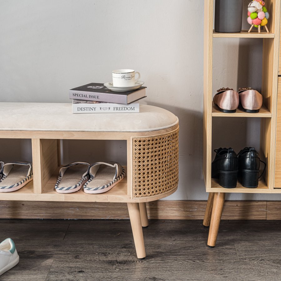 NORDLYS Isumi bnk, m. hylde - natur rattan og tr (90x35)