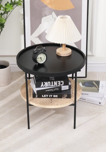 NORDLYS Kiryu sidebord, m. 1 hylde - sort metal og natur rattan (45)