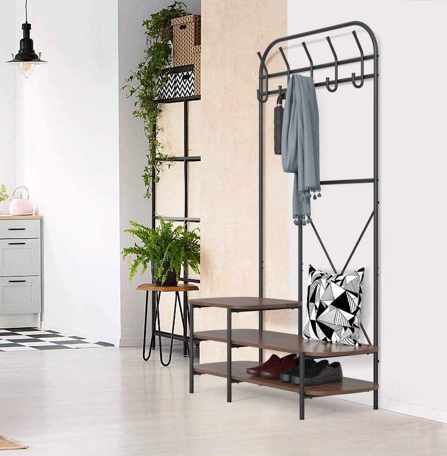 NORDLYS Lester garderobestativ, m. 5 knager og 3 hylder - brun tr og metal (H:165)