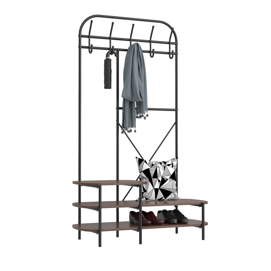 NORDLYS Lester garderobestativ, m. 5 knager og 3 hylder - brun tr og metal (H:165)