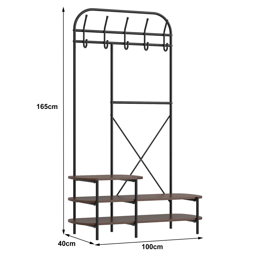NORDLYS Lester garderobestativ, m. 5 knager og 3 hylder - brun tr og metal (H:165)