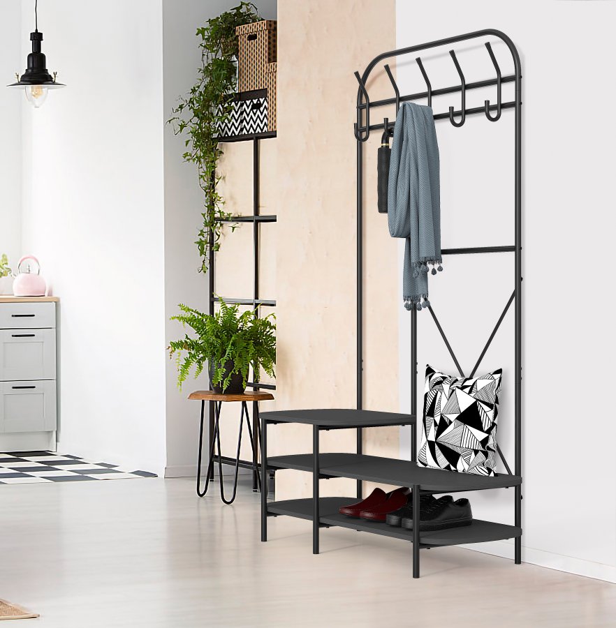 NORDLYS Lester garderobestativ, m. 5 knager og 3 hylder - sort tr og metal (H:165)