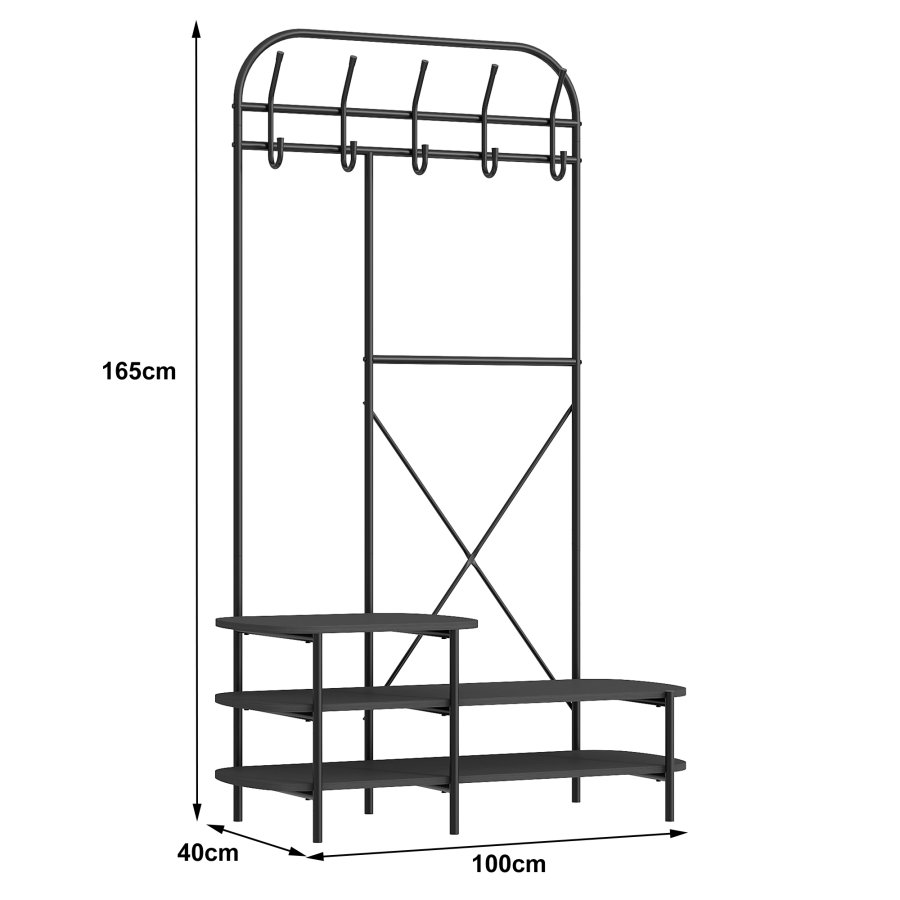 NORDLYS Lester garderobestativ, m. 5 knager og 3 hylder - sort tr og metal (H:165)