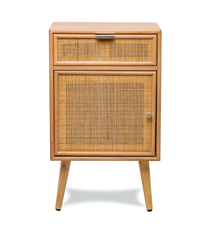 NORDLYS Nara sengebord, m. 1 lge og 1 skuffe - brun rattan og bg (42x36)