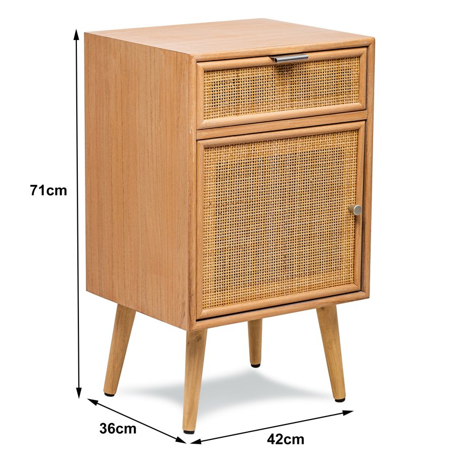 NORDLYS Nara sengebord, m. 1 lge og 1 skuffe - brun rattan og bg (42x36)