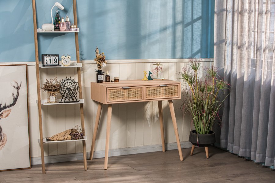 NORDLYS Nishio konsolbord, m. 2 skuffer - brun rattan og bg (80x42)