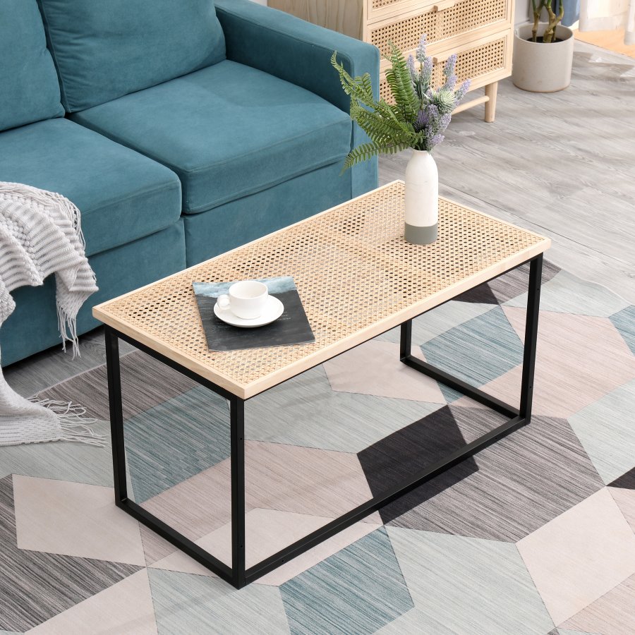 NORDLYS Sapporo sofabord, rektangulr - rattan og sort metal (91,5x46)