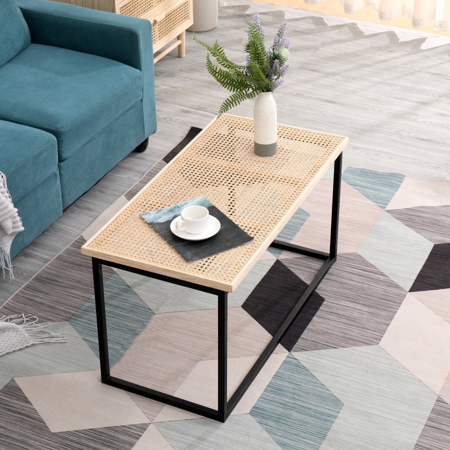 NORDLYS Sapporo sofabord, rektangulr - rattan og sort metal (91,5x46)