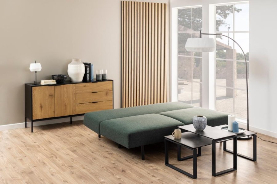 ACT NORDIC Malling sovesofa, m. udtrksseng og 2 puder - grn stof og sort stl