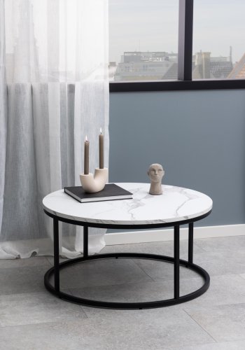 ACT NORDIC Spiro sofabord, rund - hvid melamin med marmormnster og sort stl (80)