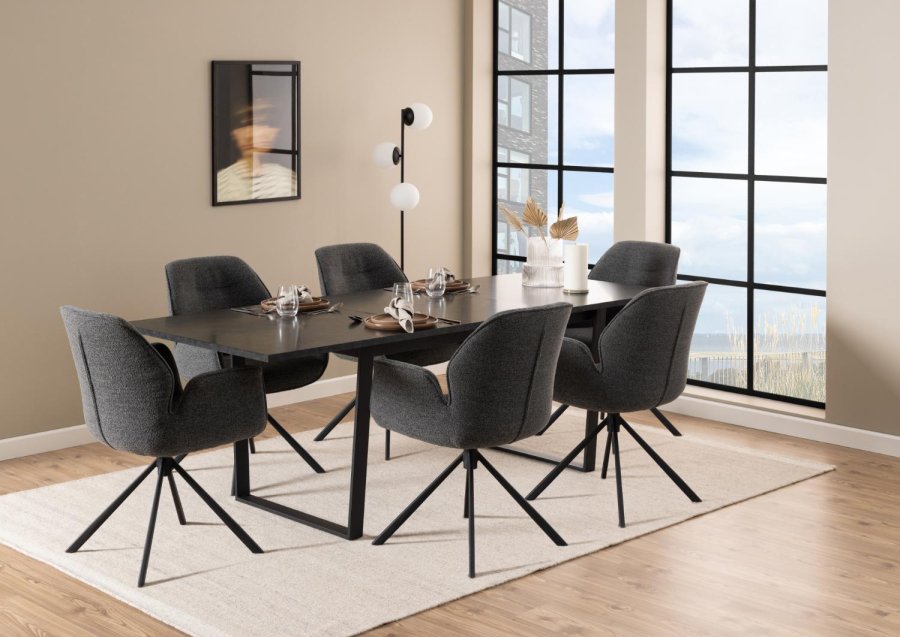 ACT NORDIC Aura spisebordsstol, m. armln og drejefunktion - antracitgr stof og sort stl