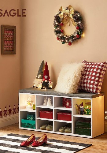 VASAGLE entrébnk, m. stofhynde og 10 rum til sko - hvid spnplade (104x30)