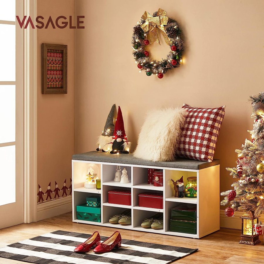 VASAGLE entrébnk, m. stofhynde og 10 rum til sko - hvid spnplade (104x30)