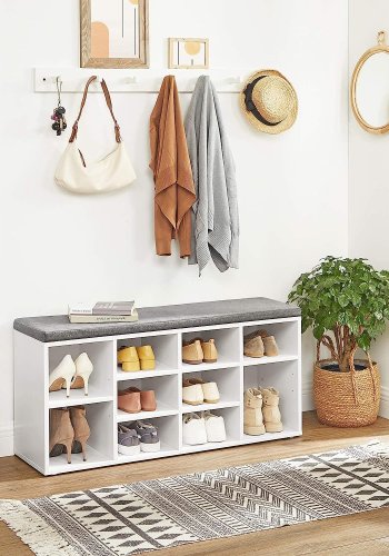 VASAGLE entrébnk, m. stofhynde og 10 rum til sko - hvid spnplade (104x30)