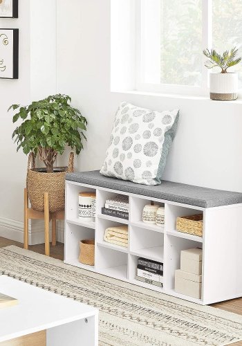 VASAGLE entrébnk, m. stofhynde og 10 rum til sko - hvid spnplade (104x30)