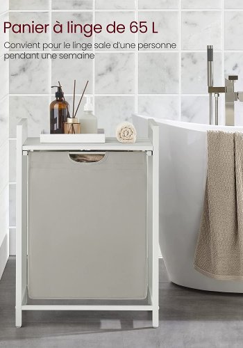 VASAGLE vasketjskurv, m. udtrkkelig og aftagelig vasketjspose og 1 hylde - stof og hvid MDF/stl