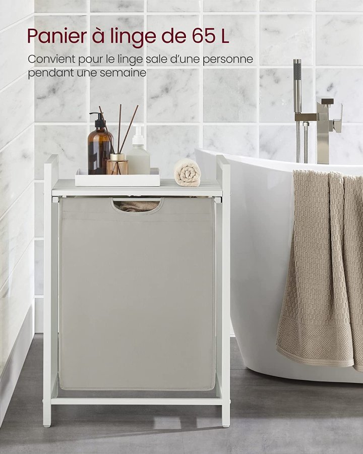 VASAGLE vasketjskurv, m. udtrkkelig og aftagelig vasketjspose og 1 hylde - stof og hvid MDF/stl