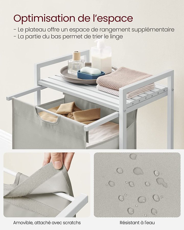 VASAGLE vasketjskurv, m. udtrkkelig og aftagelig vasketjspose og 1 hylde - stof og hvid MDF/stl