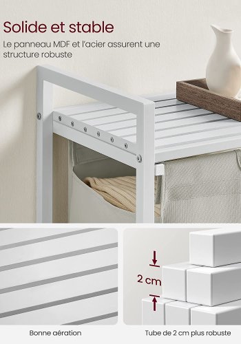 VASAGLE vasketjskurv, m. udtrkkelig og aftagelig vasketjspose og 1 hylde - stof og hvid MDF/stl