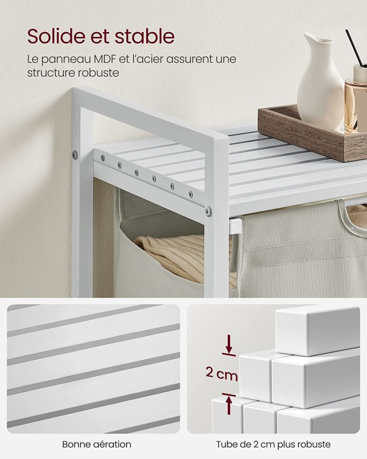 VASAGLE vasketjskurv, m. udtrkkelig og aftagelig vasketjspose og 1 hylde - stof og hvid MDF/stl