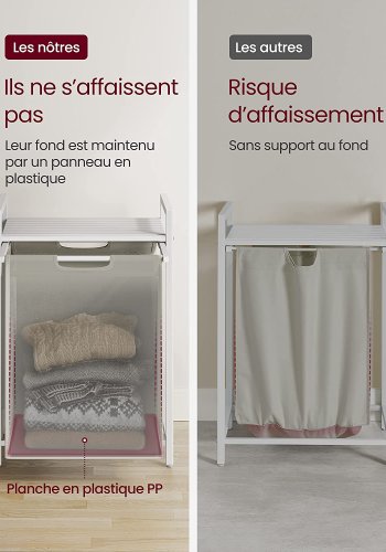 VASAGLE vasketjskurv, m. udtrkkelig og aftagelig vasketjspose og 1 hylde - stof og hvid MDF/stl