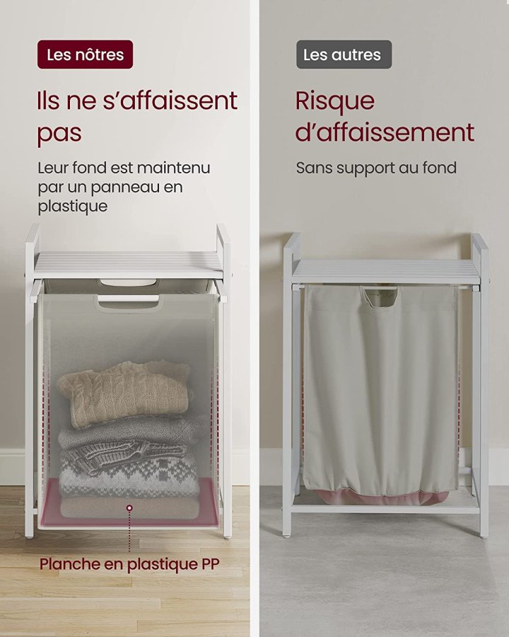 VASAGLE vasketjskurv, m. udtrkkelig og aftagelig vasketjspose og 1 hylde - stof og hvid MDF/stl