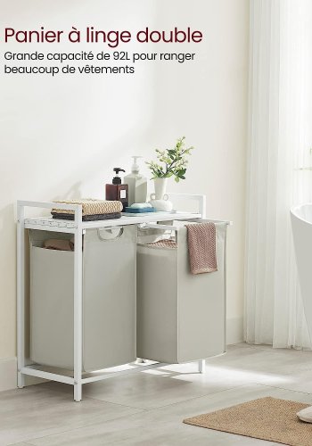 VASAGLE vasketjskurv, m. 2 udtrkkelige og aftagelige vasketjsposer, 1 hylde - stof, hvid MDF/stl