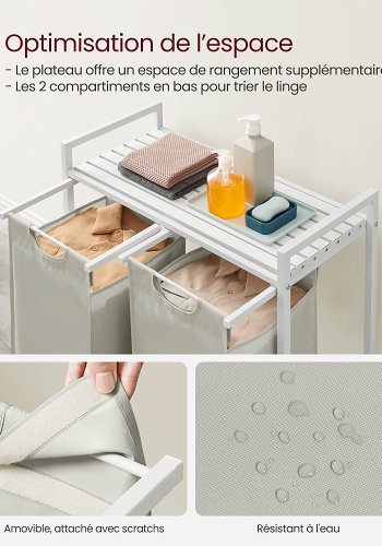 VASAGLE vasketjskurv, m. 2 udtrkkelige og aftagelige vasketjsposer, 1 hylde - stof, hvid MDF/stl