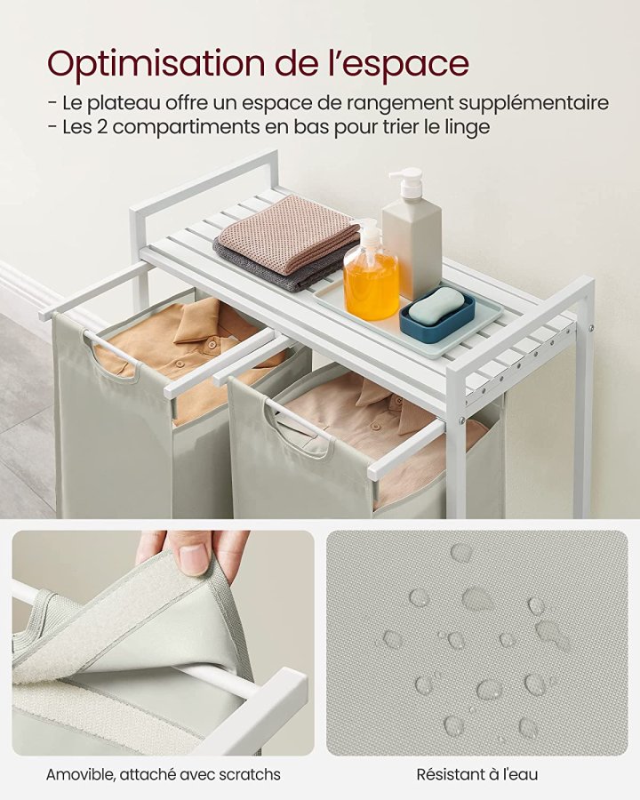 VASAGLE vasketjskurv, m. 2 udtrkkelige og aftagelige vasketjsposer, 1 hylde - stof, hvid MDF/stl