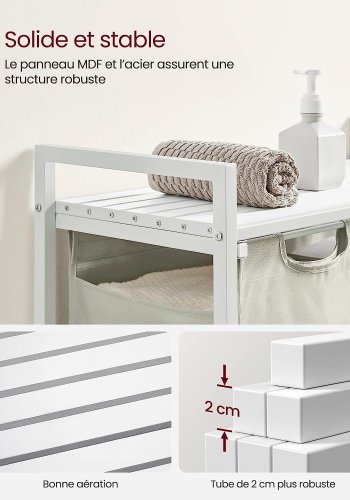 VASAGLE vasketjskurv, m. 2 udtrkkelige og aftagelige vasketjsposer, 1 hylde - stof, hvid MDF/stl