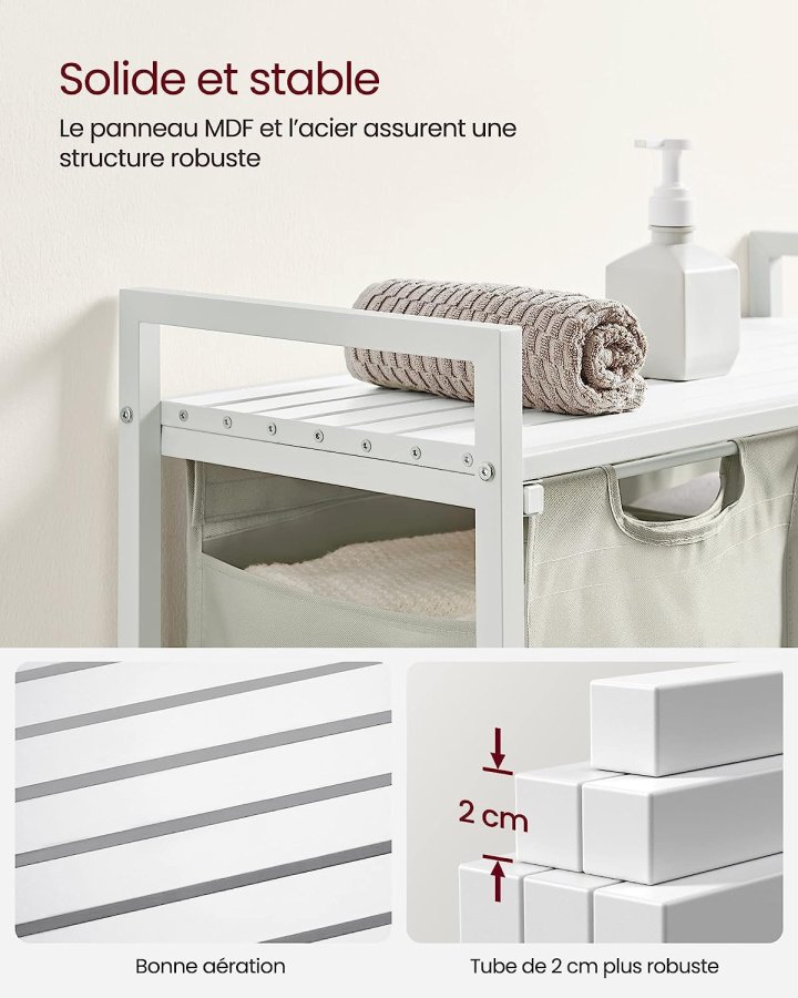 VASAGLE vasketjskurv, m. 2 udtrkkelige og aftagelige vasketjsposer, 1 hylde - stof, hvid MDF/stl