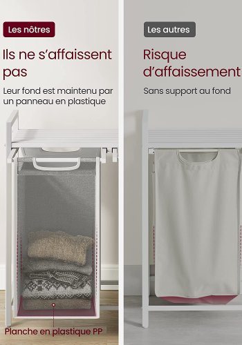 VASAGLE vasketjskurv, m. 2 udtrkkelige og aftagelige vasketjsposer, 1 hylde - stof, hvid MDF/stl