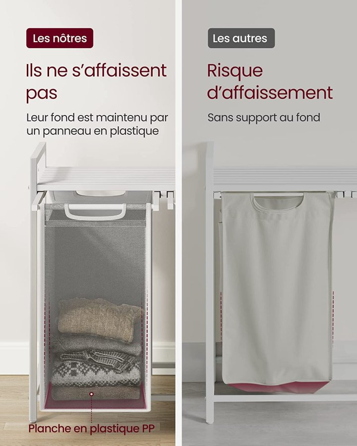 VASAGLE vasketjskurv, m. 2 udtrkkelige og aftagelige vasketjsposer, 1 hylde - stof, hvid MDF/stl