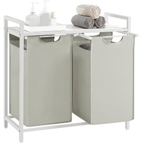 VASAGLE vasketjskurv, m. 2 udtrkkelige og aftagelige vasketjsposer, 1 hylde - stof, hvid MDF/stl