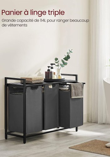 VASAGLE vasketjskurv, m. 3 udtrkkelige og aftagelige vasketjsposer, 1 hylde - stof, sort MDF/stl