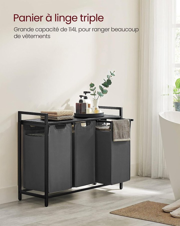 VASAGLE vasketjskurv, m. 3 udtrkkelige og aftagelige vasketjsposer, 1 hylde - stof, sort MDF/stl