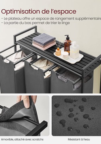 VASAGLE vasketjskurv, m. 3 udtrkkelige og aftagelige vasketjsposer, 1 hylde - stof, sort MDF/stl