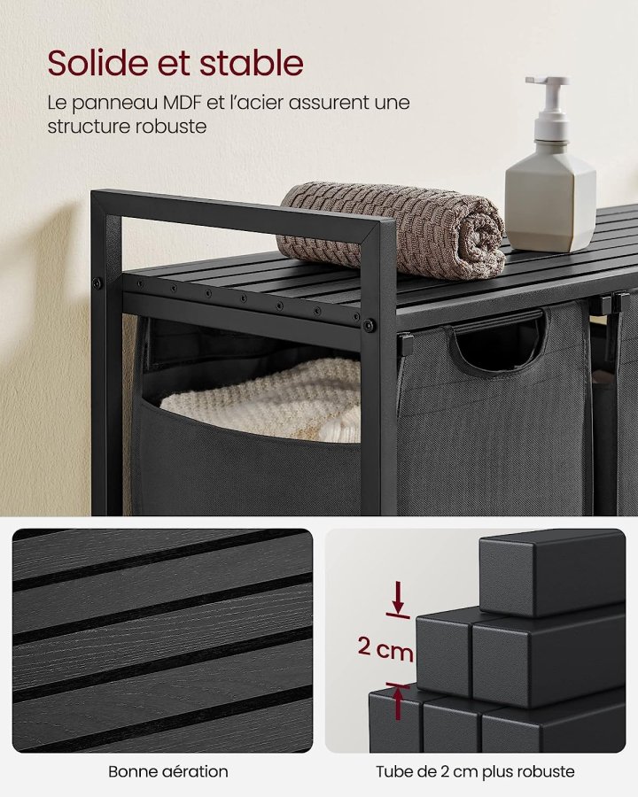 VASAGLE vasketjskurv, m. 3 udtrkkelige og aftagelige vasketjsposer, 1 hylde - stof, sort MDF/stl