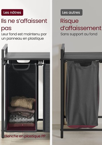 VASAGLE vasketjskurv, m. 3 udtrkkelige og aftagelige vasketjsposer, 1 hylde - stof, sort MDF/stl