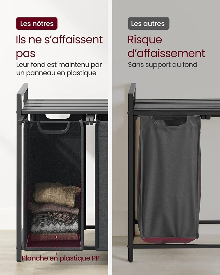 VASAGLE vasketjskurv, m. 3 udtrkkelige og aftagelige vasketjsposer, 1 hylde - stof, sort MDF/stl