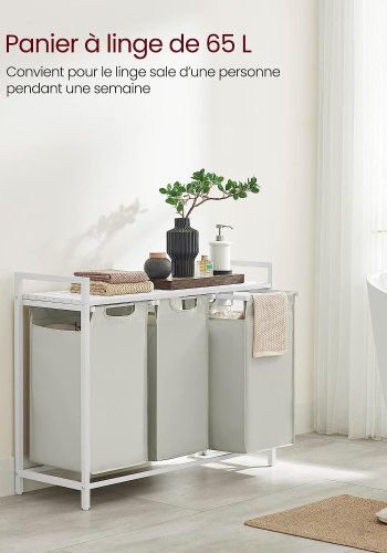 VASAGLE vasketjskurv, m. 3 udtrkkelige og aftagelige vasketjsposer, 1 hylde - stof, hvid MDF/stl