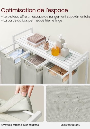 VASAGLE vasketjskurv, m. 3 udtrkkelige og aftagelige vasketjsposer, 1 hylde - stof, hvid MDF/stl