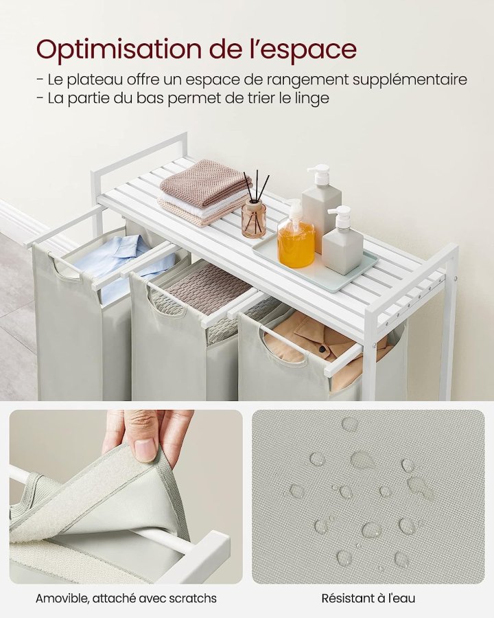 VASAGLE vasketjskurv, m. 3 udtrkkelige og aftagelige vasketjsposer, 1 hylde - stof, hvid MDF/stl