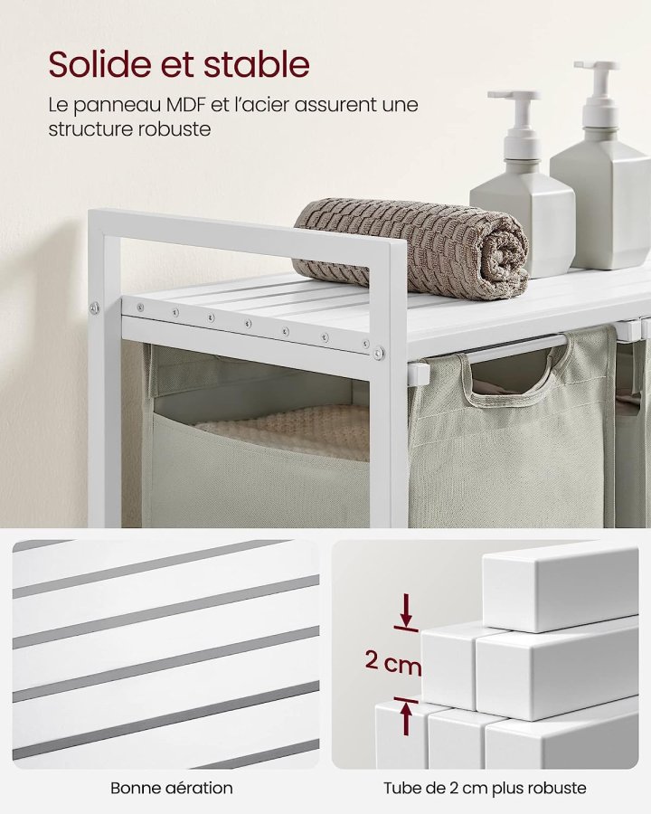 VASAGLE vasketjskurv, m. 3 udtrkkelige og aftagelige vasketjsposer, 1 hylde - stof, hvid MDF/stl