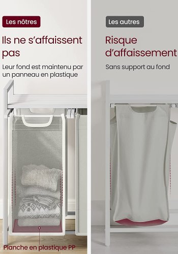 VASAGLE vasketjskurv, m. 3 udtrkkelige og aftagelige vasketjsposer, 1 hylde - stof, hvid MDF/stl