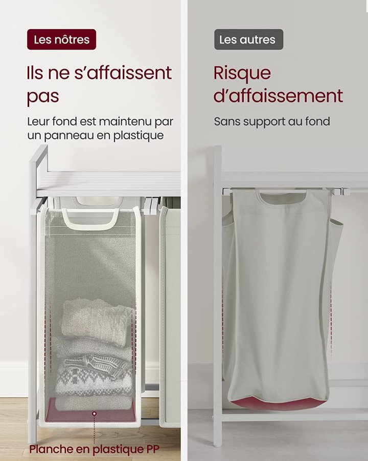 VASAGLE vasketjskurv, m. 3 udtrkkelige og aftagelige vasketjsposer, 1 hylde - stof, hvid MDF/stl