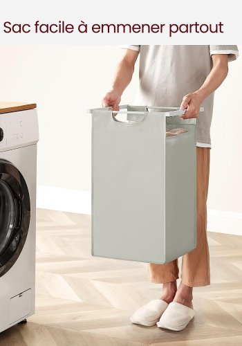 VASAGLE vasketjskurv, m. 3 udtrkkelige og aftagelige vasketjsposer, 1 hylde - stof, hvid MDF/stl