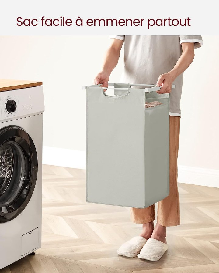 VASAGLE vasketjskurv, m. 3 udtrkkelige og aftagelige vasketjsposer, 1 hylde - stof, hvid MDF/stl